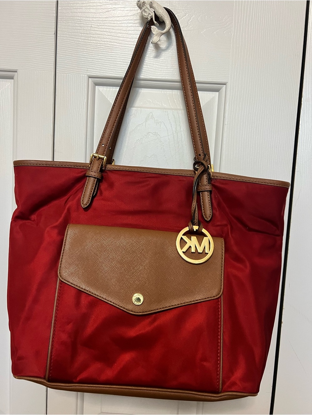 Michael Kors Jet Set Medium Nylon Pocket Tote Bag Red/Brown Leather Trim